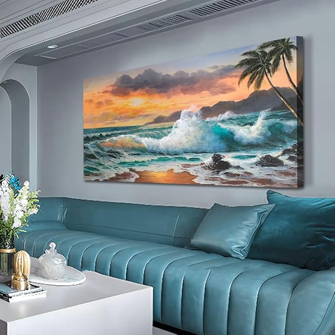 Ardemy Coastal Seascape Canvas Wall Art Living Room Beach Bedroom Paintings Seawave Tropical Pictures Wall Decor Blue Ocean Large Panoramic Landscape Artwork Home Office, 48"x24"