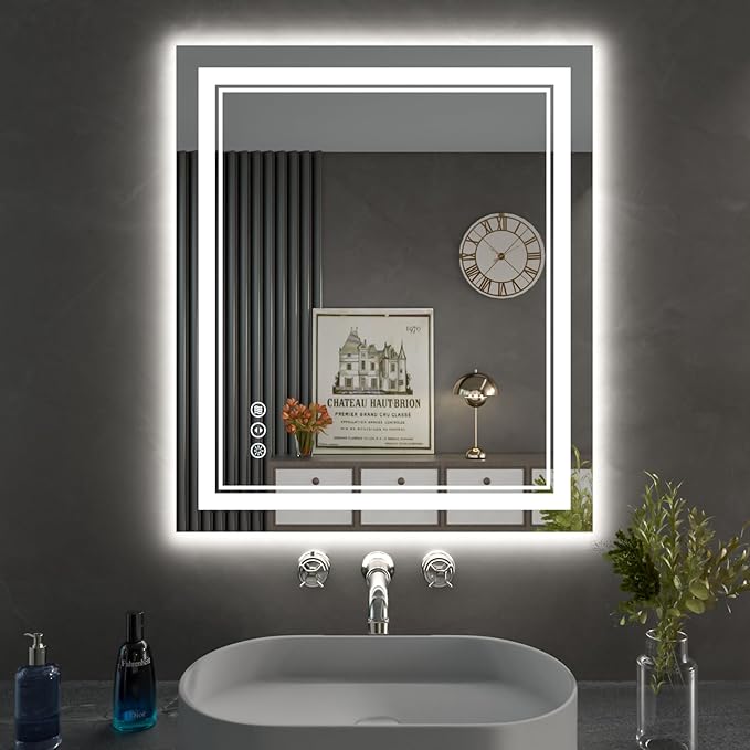 24 x 28 Inch LED Bathroom Mirror, Front Light and Backlit Anti-Fog Dimmable Memory Lighted Vanity Mirror, Shatterproof Wall-Mounted Led Mirror for Bathroom