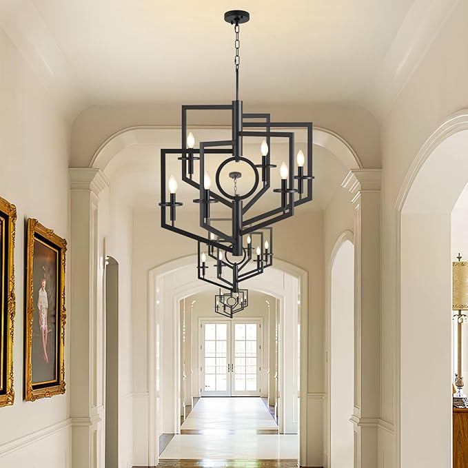 Black Chandelier, 6-Light Dining Room Light Fixtures Over Table, Farmhouse Kitchen Island Lighting, Modern Foyer Lighting Fixtures, Foyer Chandeliers for High Ceilings, for Staircase, Entryway