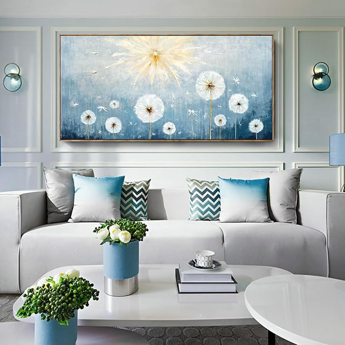 Nicetop Extra Large Framed Artwork for Walls– Giant Blue Floral Wall Picture with Wood Frame Dandelion Flower Plant Canvas Print Landscape Wall Art for Big Living Room,Office or Bedroom, 58x29Inch
