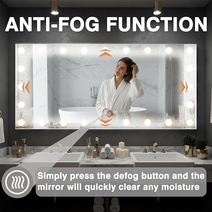 60x36 Hollywood Lit Bathroom Mirror with LED Bulbs, Colors Changeable & Brightness Dimmable, Anti Steam, Memory Function, ETL Listed, Tempered Glass, Wall Mountable, Horizontal/Vertical
