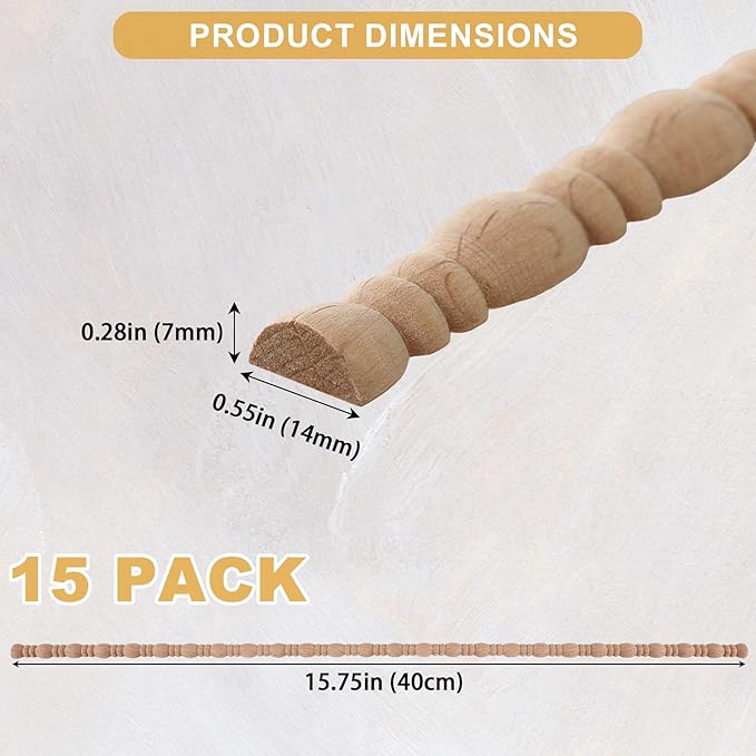15-Pack 15.75" Unfinished Wood Bead and Reel Trim - Easy to Paint, Cute Decorative Molding DIY Craft for Furniture Frame, Mirror Edge, Wall, Door, Closet, Dresser, Shelf