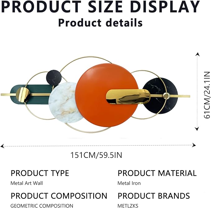 Metlzks Modern Metal Wall Decor,Handmade Circles Geometric Wall Sculptures,Orange Abstract Metal Wall Art for Bedrooms, Dining Rooms, Living Rooms, Corridors And Offices.(60''Lx24''W)