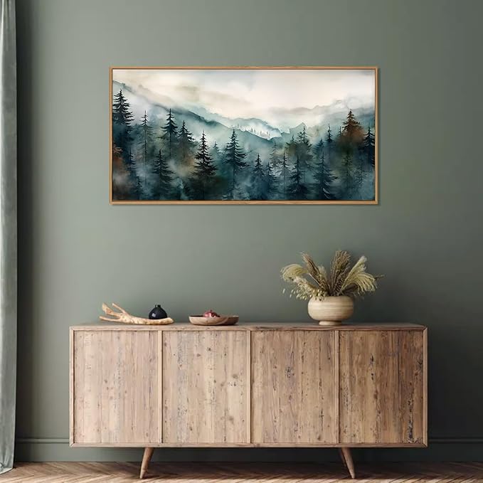 KAIRNE Watercolor Misty Forest Framed Canvas Wall Art Set, Nature Landscape Wall Decor, Foggy Mountain Pine Trees Wall Painting, Jungle Scenery Artwork for Living Room, Bedroom, Office 20"x40"