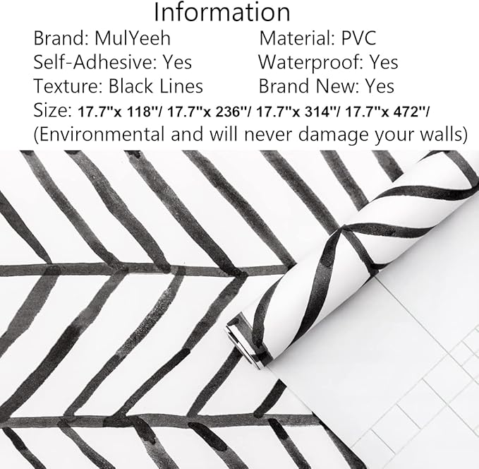 MulYeeh 17.5'' x 236'' Adhesive Peel and Stick Paper Herringbone Black White Wallpaper Removable Wall Covering Prepasted Decorative