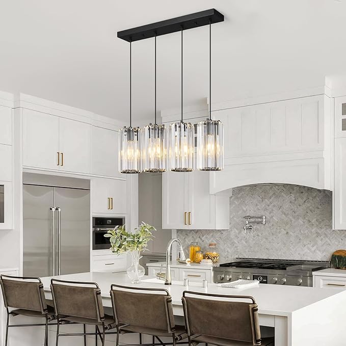 Black Pendant Lighting Modern Pendant Light, Mini Crystal Chandeliers,Adjustable Pendant Light Fixture for Kitchen Island Dinning Room Corridor Bedroom(Gold 4-Light)