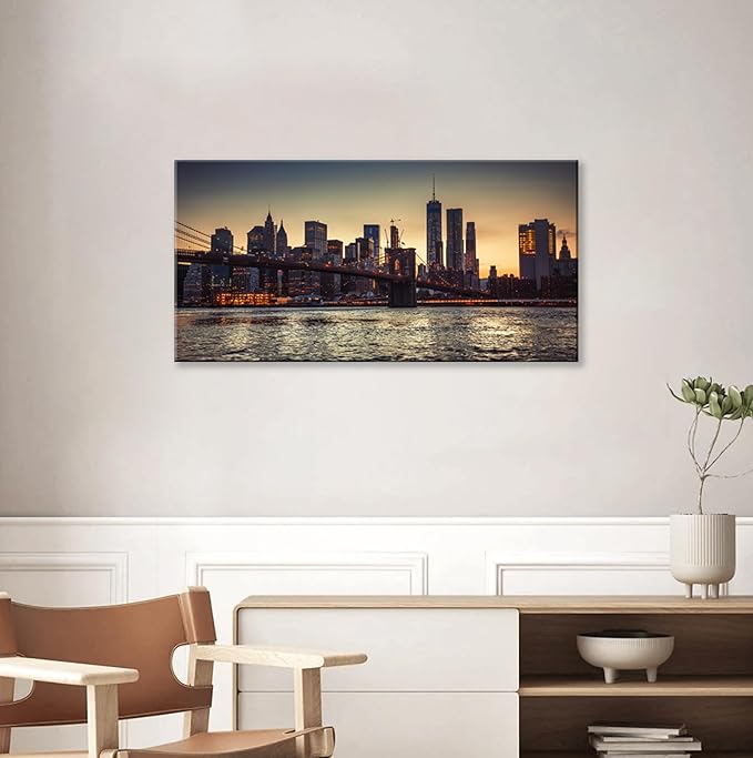 NAN Wind 1PCS New York City Skyline Canvas Wall Art Brooklyn Bridge at Sunset Golden Hour Manhattan Cityscape Pictures Canvas Artwork East River Reflection Modern Urban Home Decor Living Room Office