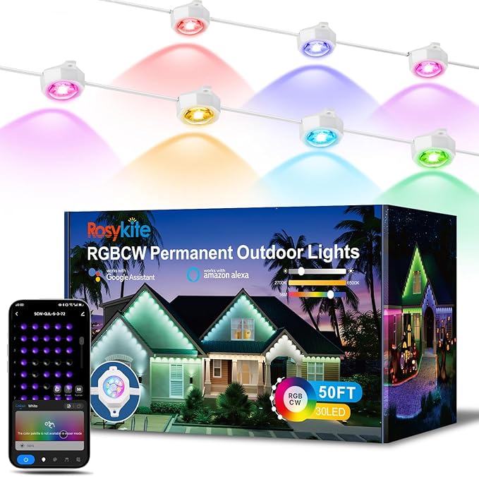 Outdoor Christmas Lights - 50ft Smart RGB+IC Color Eaves Lights with 63 Scene, IP67 Waterproof, Alexa & Google Assistant Voice Control