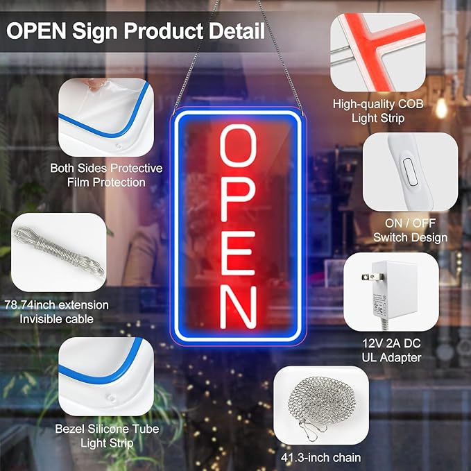 16"x 9" Ultra Bright 12V Neon Open Sign for Business, LED Open Neon Sign, Electric Light up Signs for Stores, Restaurants Shops Window (Blue-Red-Vertical)