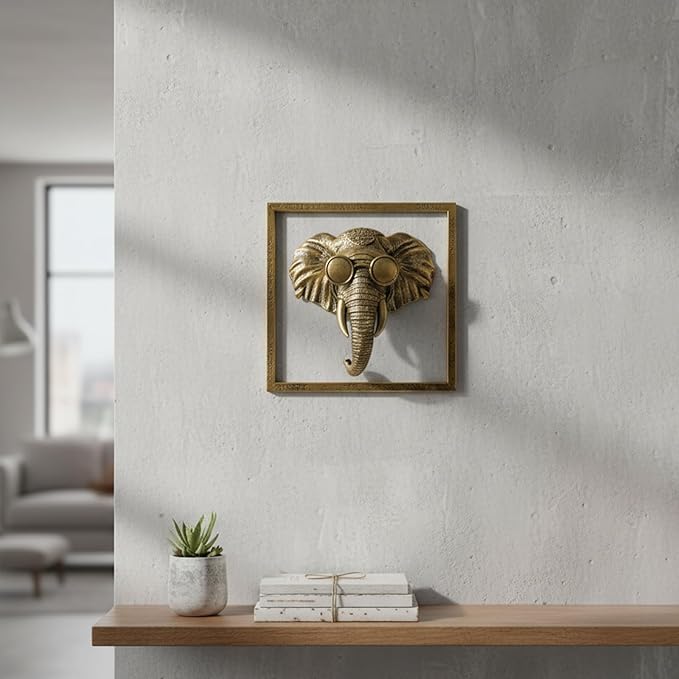 Newinhome Animal Heads Wall Decor (Includes Metal Frame) Resin Animals Sculptures Head Wall Hanging Decoration Gold vintage Wall Sculpture for Living Room Bedroom Office (Elephant)