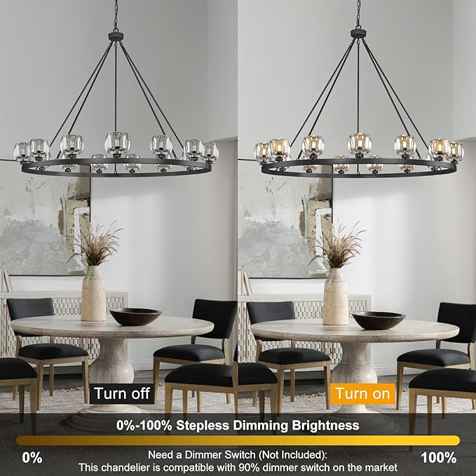 Black Wagon Wheel Chandelier, 59 Inch Black Chandeliers with Unique Glass Shade, 15-Light Crystal Large Wagon Wheel Chandeliers for Dining Room, High Ceiling Round Chandelier for Living Room, Foyer