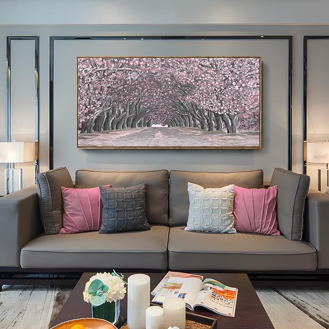 Nicetop Framed Canvas Wall Art – Pink Cherry Blossom Tree Tunnel Canvas Print Romantic Floral Landscape Artwork Abstract Forest Picture for Bedroom Living Room Girls Women Wall Decor Large Size 48x24 Inch