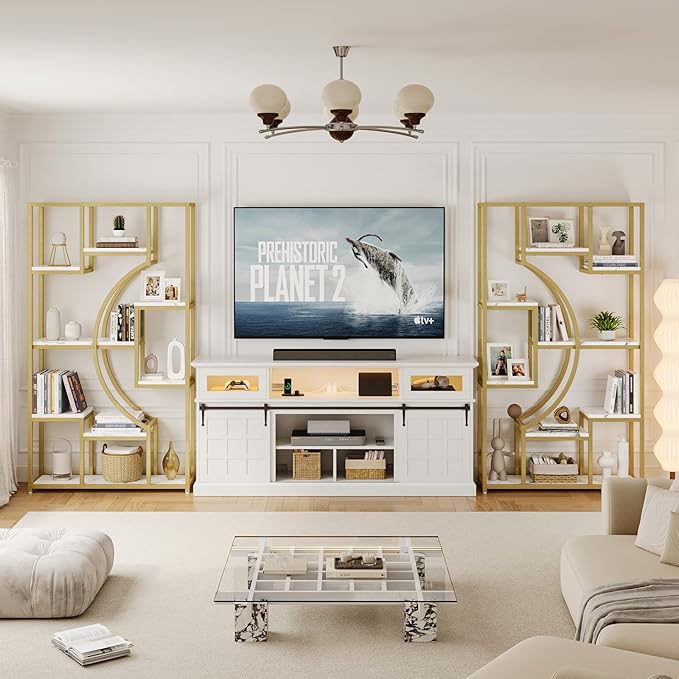 Modern Book Shelf, White and Gold Bookshelf, 70.8 Inch Tall Etagere Bookcase, Set of 2 Geometric Display Shelves for Living Room, Bookcases/Bookshelf with Metal Frame for Home Office