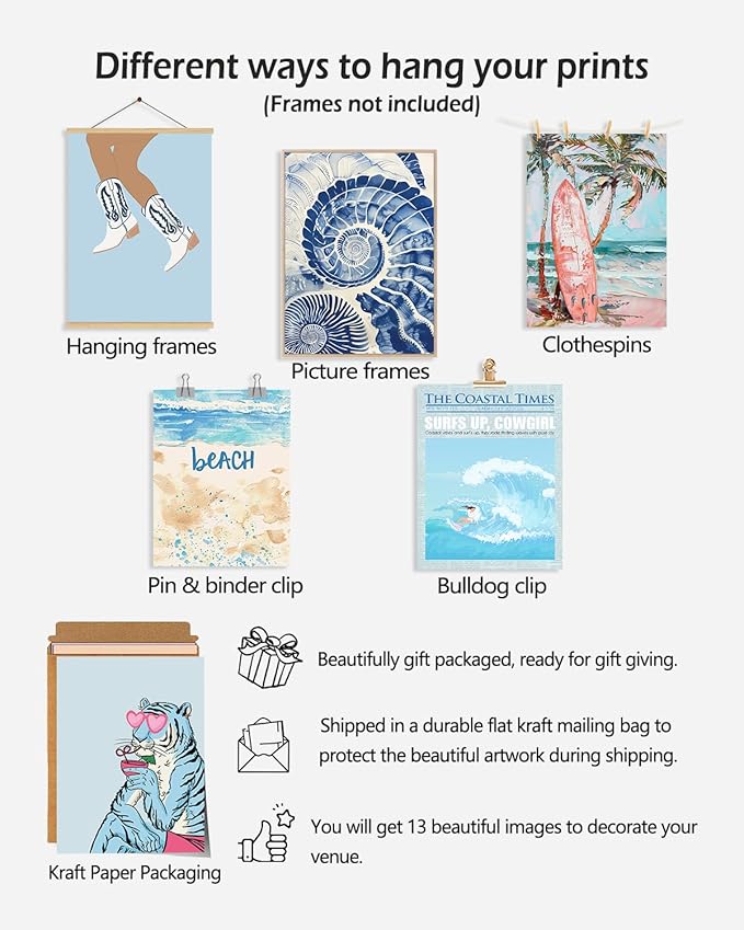 KBKBART Coastal Cowgirl Room Decor Aesthetic Set of 13, Coastal Granddaughter Prints For Wall Decorations, Preppy Cowgirl Wall Art, Blue Beach Room Posters For Teen Girls Bedroom Decorations (Unframed)