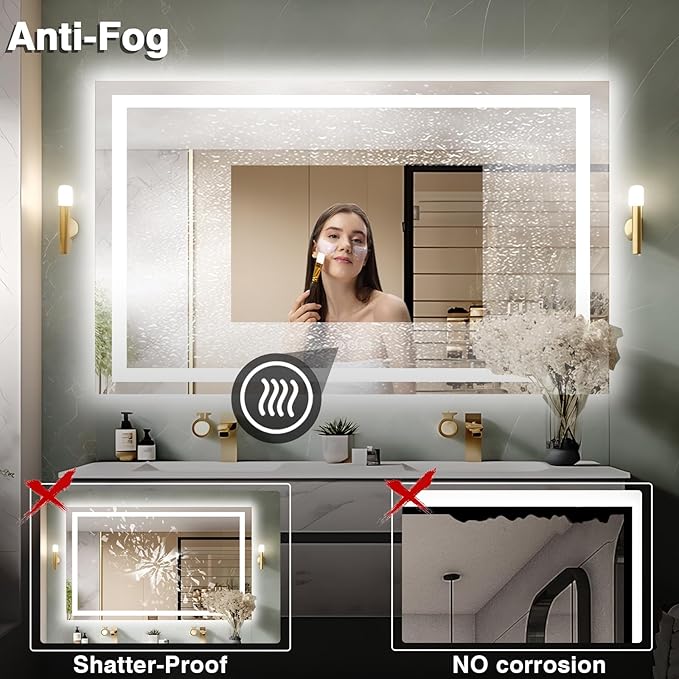 57"x36" Light Mirror for Bathroom (Front and Backlit), Anti-Fog Bathroom Vanity Mirror, Stepless Dimmable Lighted Mirror, Tempered Glass, Memory (Horizontal/Vertical)