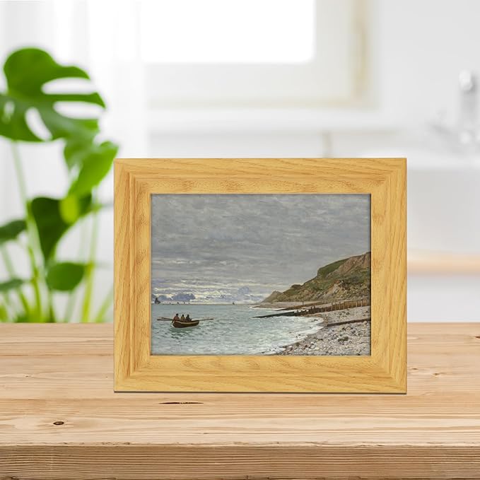 Brivoria Framed Canvas Wall Art Vintage Decor, Realistic Coastal Landscape with Rowboat Rocky Shore and Cliffside Under Grey Sky for Kitchen Entryway Shelf Display or Tabletop Decor, 8"x10"