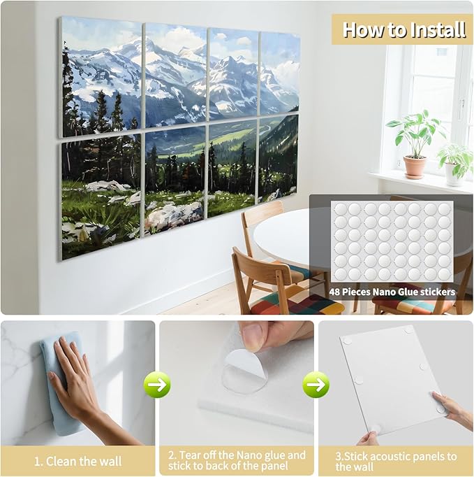 Art3d Soundproof Wall Panels 48"x32", 8-Pack Acoustic Wall Art Panels, Sound Absorbing Decorative Wall Panels for Living Room, Bedroom, Kitchen, Studio, Polyester UV Print