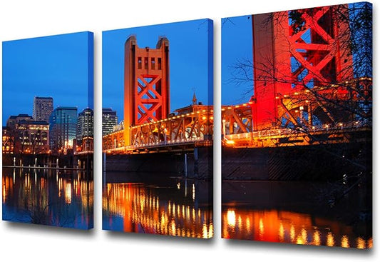 3 Pieces Modern Canvas Painting Wall Art The Picture for Home Decoration The Tower Bridge Crosses the Sacramento River in the heart of Downtown Cityscape Print On Canvas Giclee Artwork for Wall Decor