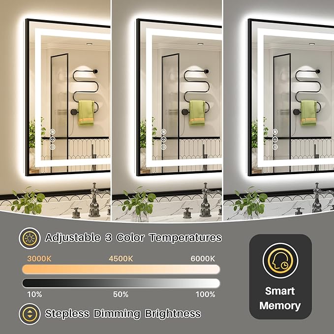 60x40 Inch LED Bathroom Mirror with Black Frame, Backlit & Front Lit, Anti-Fog Lighted Bathroom Vanity Mirror for Wall, Memory Function, Dimmable, HD Tempered Glass, Shatter-Proof