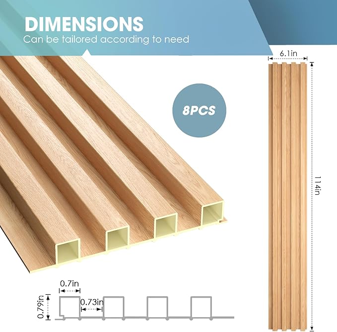 OUZUGIE WPC Acoustic Slat Wall Paneling, 8-Pack 114 x 6 Inches 3D Wall Panels for Interior Wall Decor,Living Room,TV Background,Study Room,Office Spaces,Bedroom,High Grille (Oak)