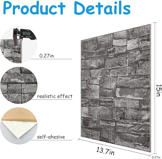 3D Wall Panels Peel and Stick in Black Grey Stone, 20 PCS XPE Foam 3D Wallpaper, Textured Faux Brick Wall Panels for Bedroom, Stairs, Kitchen