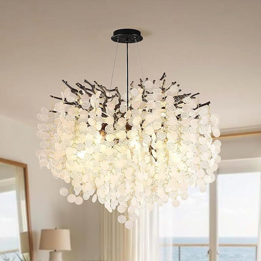 24-Inch Black Tree Branch Chandelier, 8-Light Modern Coastal Chandelier, Round Crystal Dining Room Light Fixtures for Foyer Entryway Stairwell, Bathroom Chandeliers Over Tub, E12