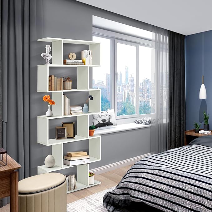 6 Tier Geometric Bookcase, S Shaped Bookshelf, Book Shelf Room Divider, Wood Freestanding Display Shelves, 75 Inch Staggered Bookshelf for Bedroom Living Room (1, White)