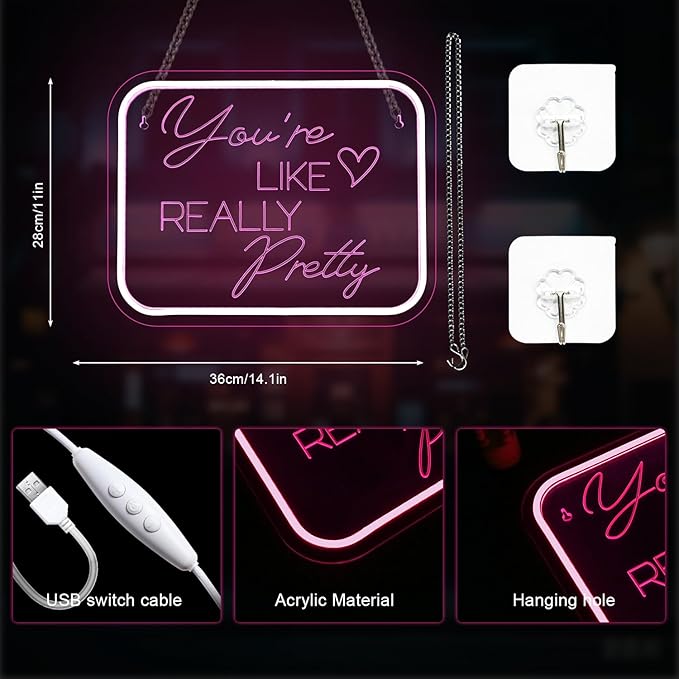 Lucunstar You're Like Really Pretty Neon Sign Pink Led Neon Light for Wall Decor Light Sign for Wedding Dimmable Switch USB Powered with Neon Lights for Bedroom Home Decor
