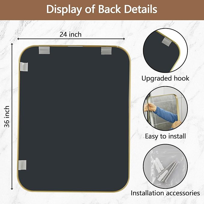 24x36 Inch Gold Mirror, Framed Rectangle Mirror with Rounded Corner, Brushed Brass Mirror, Gold Bathroom Mirror for Over Sink, Vanity, Living Room, Bedroom, Horizontal/Vertical