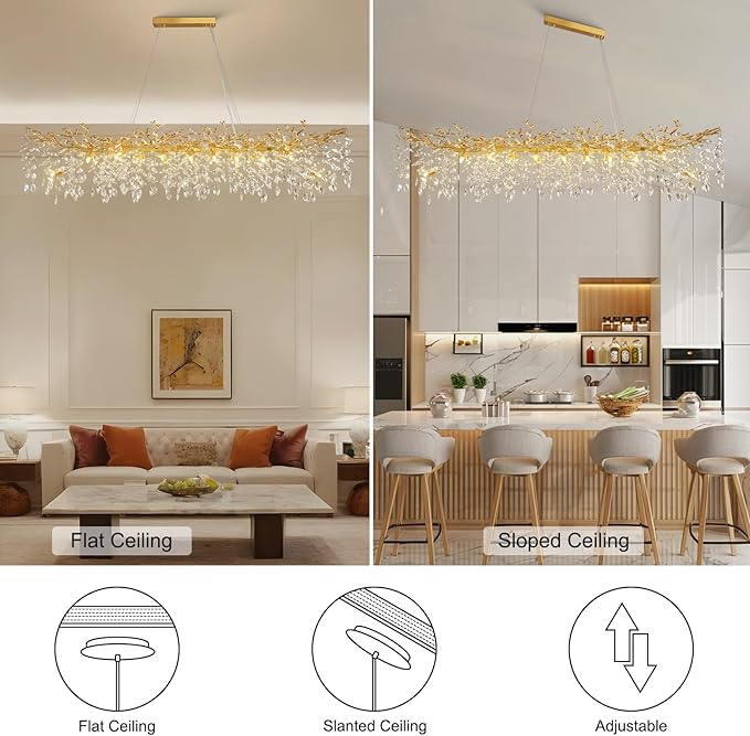 71" Modern Crystal Chandelier, 20-Light Gold Tree Branch Chandelier, Luxury Rectangular K9 Crystal Raindrop Chandeliers for Dining Room, Kitchen Island, Living Room, Contemporary Pendant Light Fixture