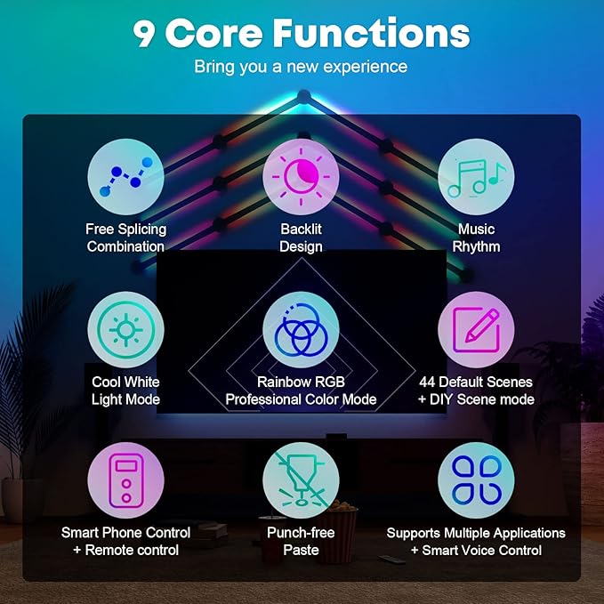 AGM Smart Wall Light Lines, 9 RGB LED PRO Light Bars, 16M+ Color, Music Sync, Dimmable WiFi Hexagon Light Lines for Bedroom, Living Room, Gaming, Party, Home Decor, Work with Alexa & Google Assistant