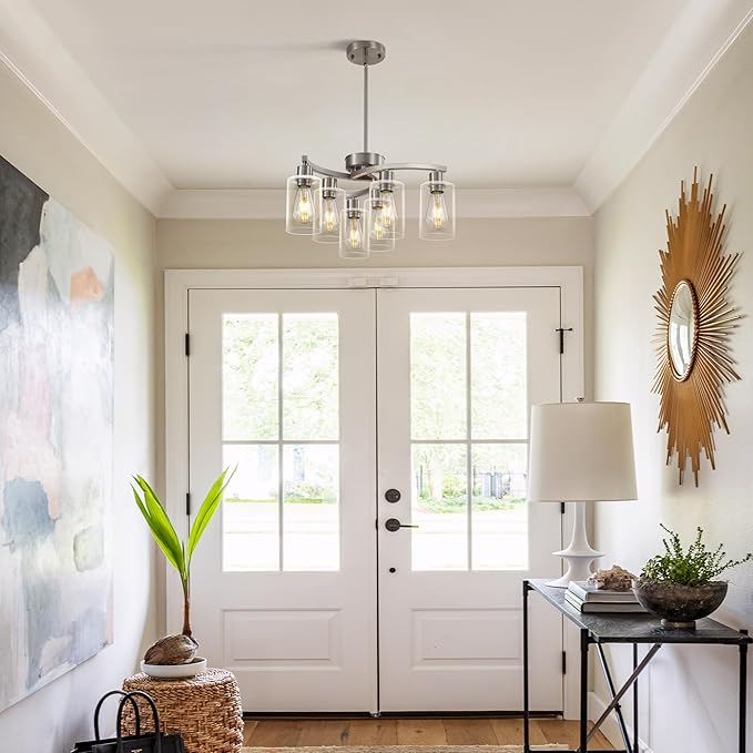 6 Light Modern Brushed Nickel Pendant Light Fixture for Dining Room，Kitchen Pendant Lighting Over Island，Adjustable Height Farmhouse Dining Chandeliers Over Table，with Glass Shade