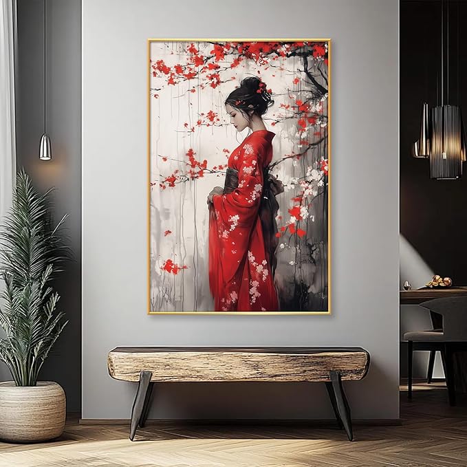 Kewhush Geisha Canvas Wall Art, Japanese Geisha Canvas Print, Cherry Blossom Wall Art, Modern Asian Wall Decor, Japan Print, Traditional Home Decor (Black Framed, 15"x24" | 40x60cm)