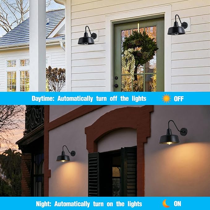 Outdoor Gooseneck Barn Light - Exterior Fixture Sconce Wall Light for Farmhouse, Dusk to Dawn Sensor Front Door Porch Garage Patio Lighting (11 inch（2 PCS）)