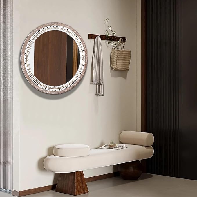 24 Inch Wooden Round Mirror for Wall Decor, Farmhouse Rustic Decorative Circle Mirrors with Beaded Frame, for Bedroom, Bathroom, Living Room, Entryway