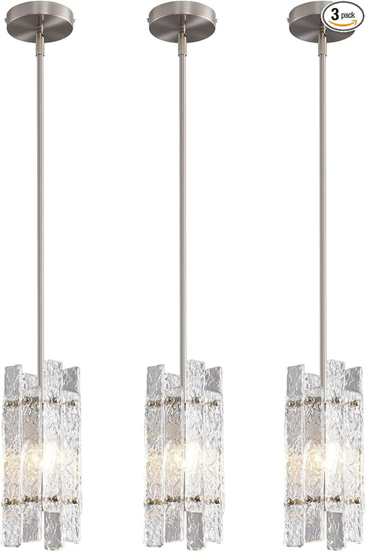 Modern Crystal Pendant Light for Kitchen Island, Brushed Nickel Luxury Mini Water Ripple Glass Chandelier Lights Fixture, Square Adjustable Hanging Pendant Lighting for Dining Room Bedroom (3-Pack)