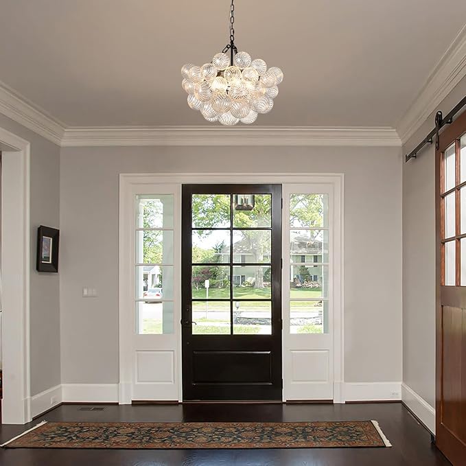 Nordic Bubble Ball Swirled Modern Chandelier,Dia 20 Inch Bubble Chandelier Lighting, Black and Clear Glass Chandelier,for Bedroom Study Restaurant