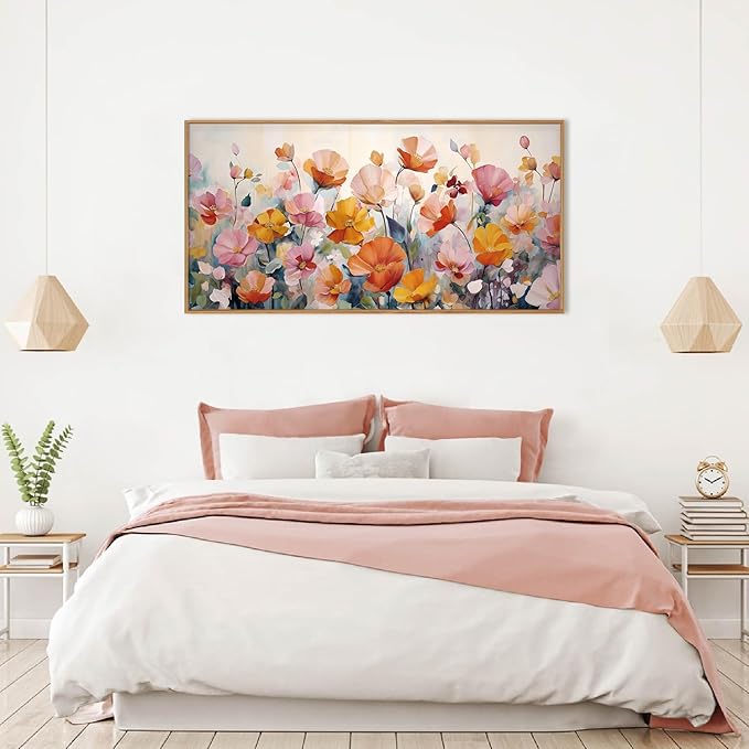 Nature Pink Floral Framed Canvas Wall Art Set,Boho Colorful Wildflowers Botanical Wall Decor, Modern Aesthetic Bohemian Flowers Art Print for Living Room,Bedroom-20 x40