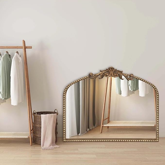 Baroque Arch Mirror for Living Room Wall, 36" X 30" Antique Gold Traditional Cathedral Ornate Beaded Arched Frame Decorative Vanity Mirrors for Mantel Fireplace, Bathroom, Bedroom Decor