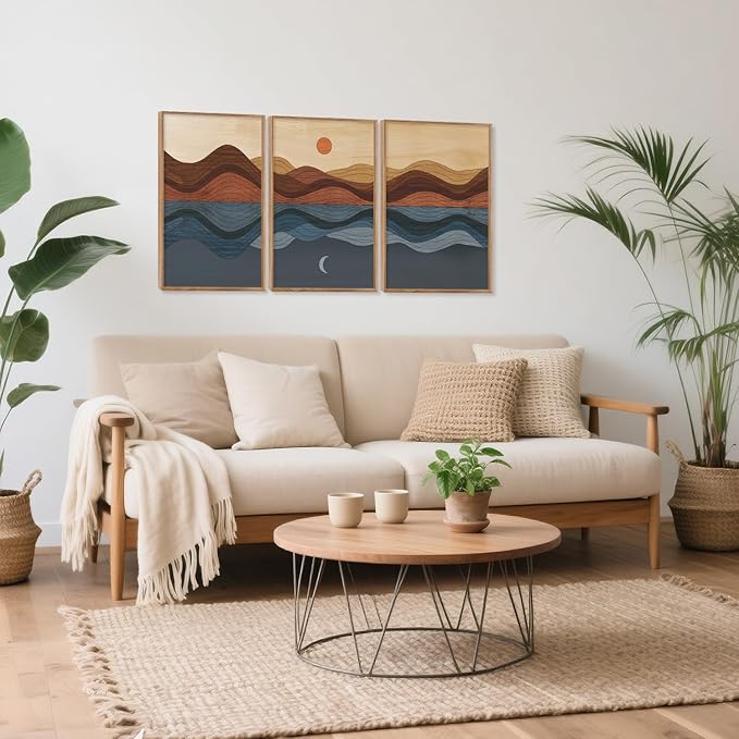 CHDITB Sunrise Moon Landscape Framed Canvas Wall Art, Nature Mountain Sea Wall Decor, Minimalist Artwork Abstract Waves Line Painting, Vintage Prints for Living Room Beach House Office-16 x24 x3