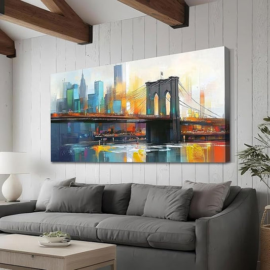 Arjun Cityscape Wall Art New York City Canvas for Living Room Painting Brooklyn Bridge Manhattan Bedroom Wall Art for Men Modern Blue Picture Grey Artwork Large Framed Home Office Wall Decor 40"x20"