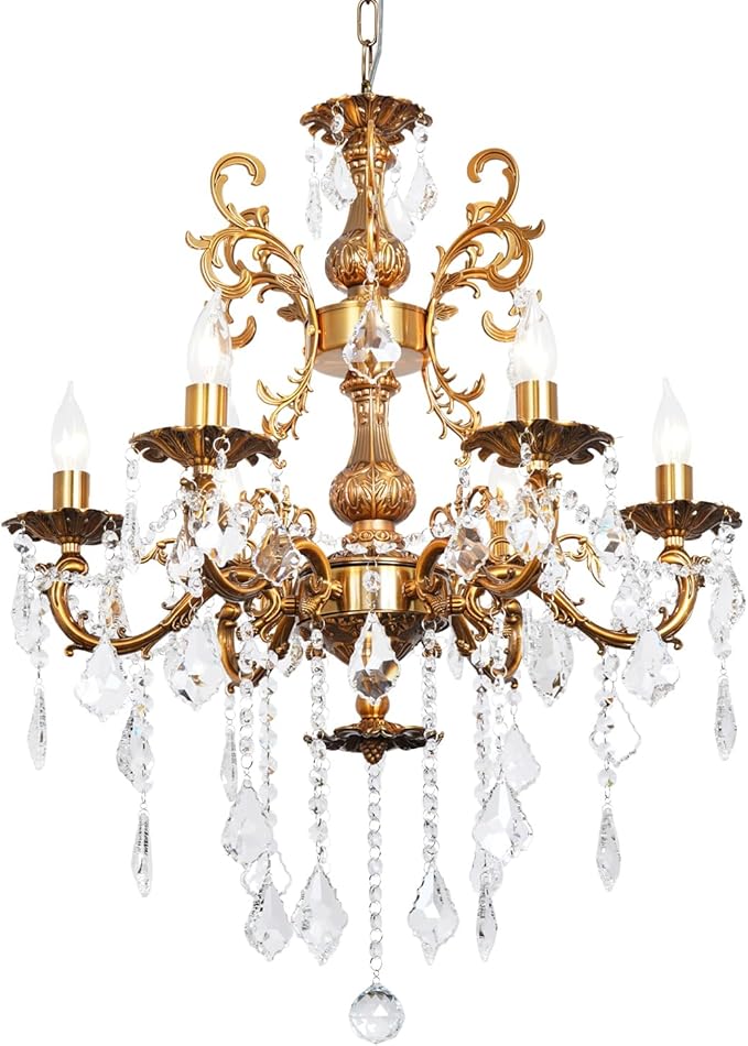 Crystal Chandelier Lighting Modern, Antique Gold Farmhouse Chandeliers 6-Light Crystal Candle Chandelier Ceiling Hanging Light Fixture Entrance Bedroom Kitchen 23"