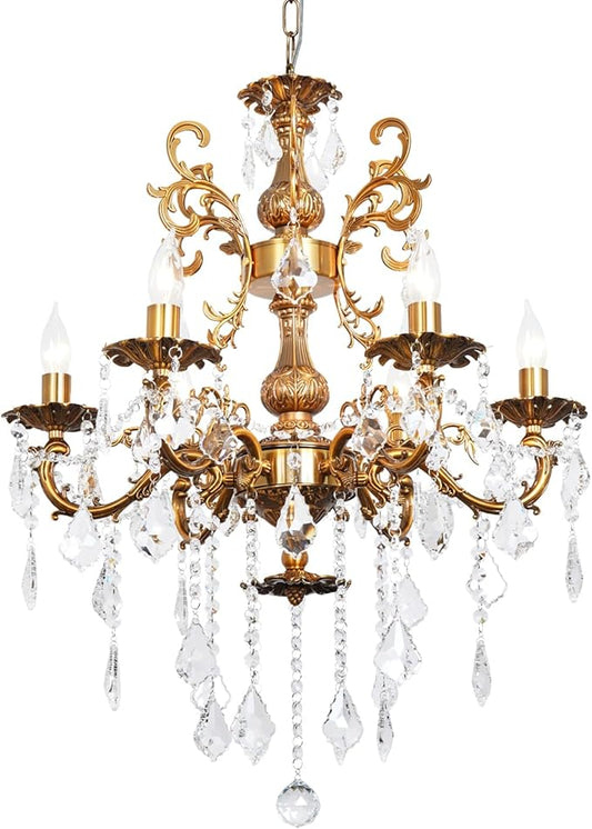 Crystal Chandelier Lighting Modern, Antique Gold Farmhouse Chandeliers 6-Light Crystal Candle Chandelier Ceiling Hanging Light Fixture Entrance Bedroom Kitchen 23"