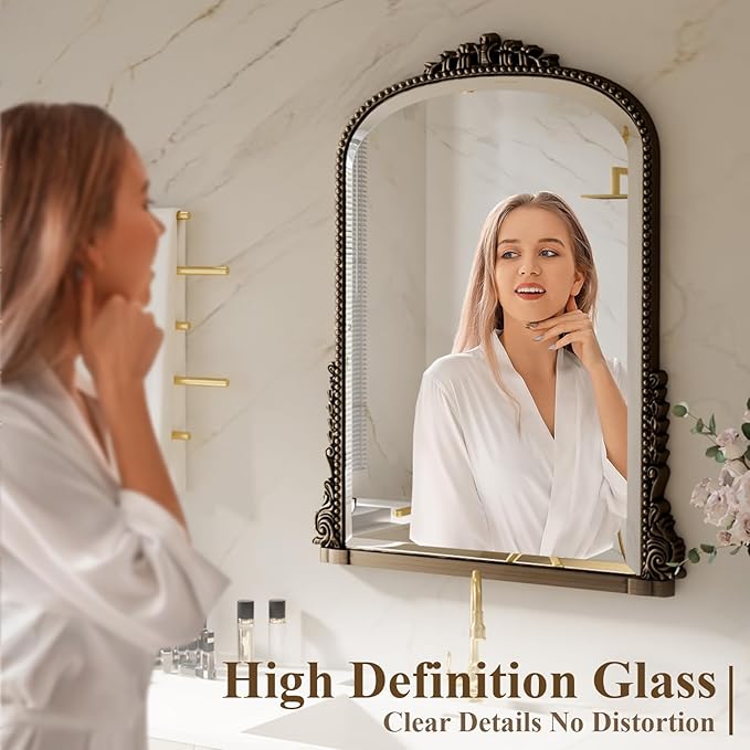 32 x 24 inch Beaded Arched Wall Mirror, Vintage Bathroom Vanity Mirror Over Sink for Entryway, Bedroom, Living Room, Bronze