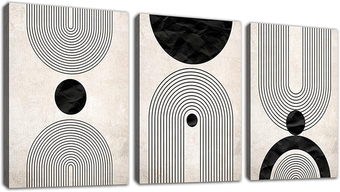 arteWOODS Wall Art Canvas Set Mid Century Boho Pictures Modern Abstract Geometric Wall Decor Minimalist Black Beige Bohemian Canvas Painting Artwork for Living Room Bedroom Office 12"x16"x3