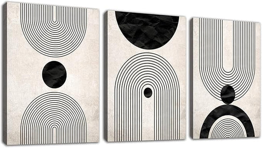 arteWOODS Wall Art Canvas Set Mid Century Boho Pictures Modern Abstract Geometric Wall Decor Minimalist Black Beige Bohemian Canvas Painting Artwork for Living Room Bedroom Office 12"x16"x3