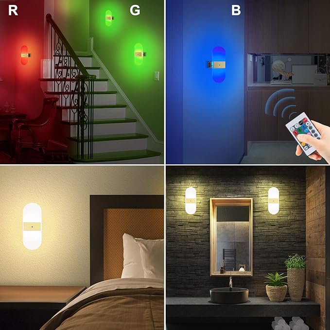 BIGMONAT USB Rechargeable Night Light, Wireless Wall Light, Color Changing Mood Light, Remote Controlled Wall Sconce, RGB Lamp for Hallway Bathroom Kids Bedroom