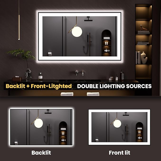 LOAAO 48"X30" LED Bathroom Mirror Black Framed, Anti-Fog, Dimmable, Lighted Bathroom Vanity Mirror for Wall, Memory Function, Tempered Glass