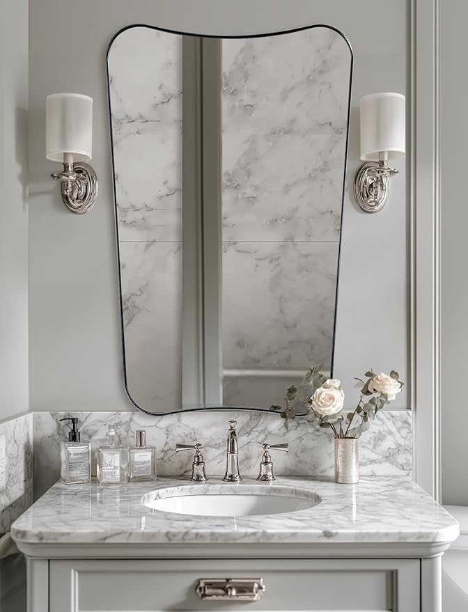 ANDY STAR 24x40 Inch Asymmetrical Mirror, Brushed Nickel Bathroom Mirror, Large Bathroom Mirror for Vanity, Anti-Rust Stainless Steel 1’’ Metal Frame, Italian Style Designer Mirror