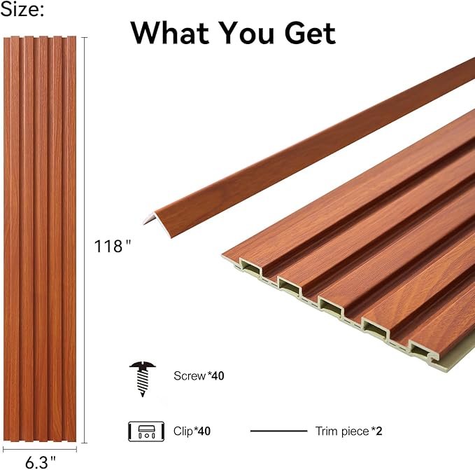 8-Pack WPC Wall Panels 118’’ x 6.3’’ 3D Slat Wall Panel Acoustic Wall Paneling for Interior Wall Decor TV Background Kitchen Bedroom Teak